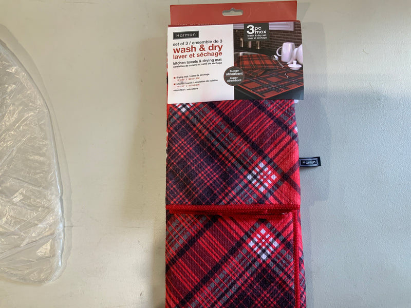 Christmas Checkered 3pc Microfibre Kitchen Towel and Drying Mat